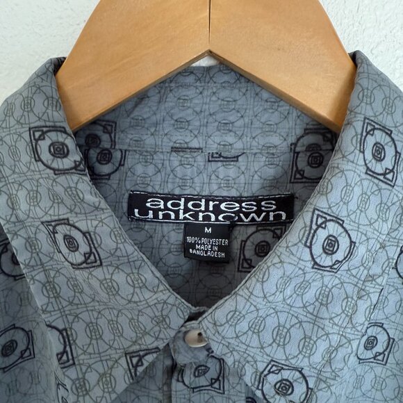 90s Club Shirt Slate Geometric Print Short Sleeve Button Up Medium - Picture 3 of 5